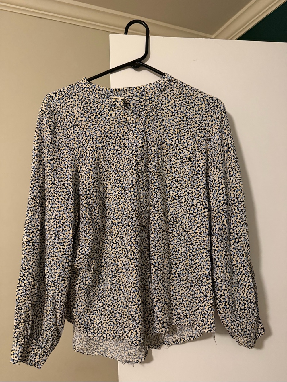 Women's Navy and Cream Printed Long-Sleeve Blouse